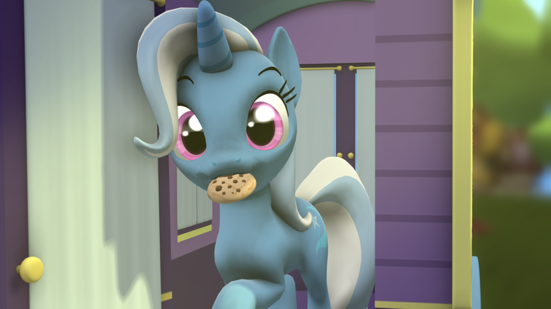 Size: 1024x576 | Tagged: safe, artist:okimichan, derpibooru import, trixie, pony, 3d, cookie, cute, diatrixes, female, food, mouth hold, solo