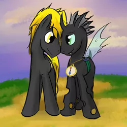Size: 2000x2000 | Tagged: safe, artist:fuzebox, derpibooru import, oc, oc:nictis, oc:spark wheel, unofficial characters only, changeling, earth pony, pony, fanfic:without a hive, changeling oc, duo, fanfic art, gay, male, smiling, stallion