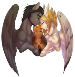 Size: 2550x2613 | Tagged: safe, artist:askbubblelee, derpibooru import, oc, oc:dove (askbubblelee), oc:singe, oc:smokescreen, unofficial characters only, pegasus, pony, colt, eyes closed, family, female, male, mare, simple background, smiling, stallion, transparent background