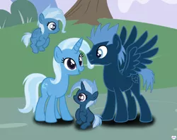 Size: 1024x814 | Tagged: safe, artist:igzzy, derpibooru import, star hunter, trixie, oc, oc:galactic spell, oc:mythic star, pegasus, pony, unicorn, background pony, crack shipping, family, female, filly, foal, male, mare, parent:star hunter, parent:trixie, parents:trixhunter, shipping, stallion, straight, trixhunter