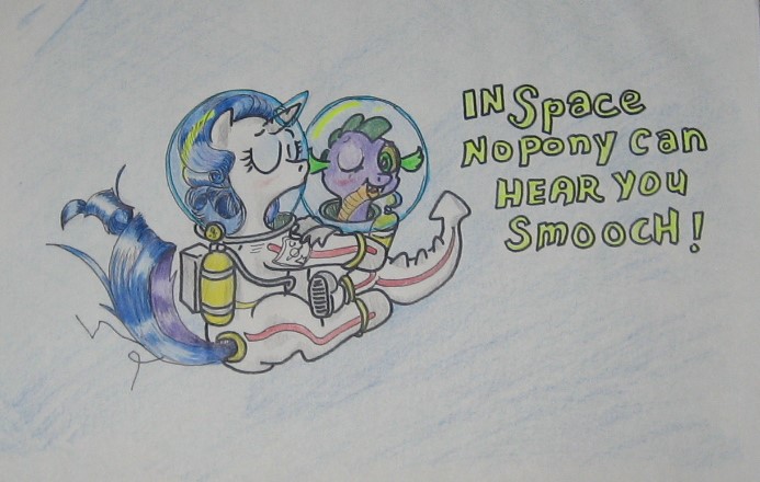 Size: 693x440 | Tagged: safe, artist:hillbe, derpibooru import, rarity, spike, astronaut, cute, female, helmet, kissing, male, shipping, space, spacesuit, sparity, straight, text, traditional art