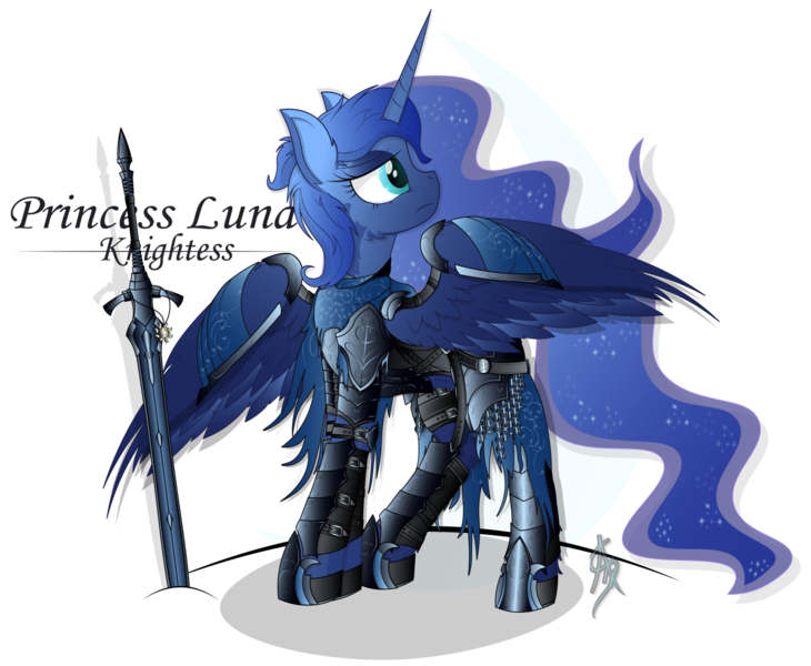 Size: 1600x1315 | Tagged: safe, alternate version, artist:aleriastarlight, derpibooru import, princess luna, alicorn, pony, armor, badass, boots, clothes, crossover, cutie mark background, dark souls, digital art, epic, ethereal mane, female, knight, leggings, mare, sad, shoes, signature, simple background, solo, starry mane, sword, text, transparent background, vector, weapon, wing armor, wingding eyes