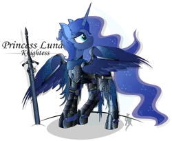 Size: 1600x1315 | Tagged: safe, alternate version, artist:aleriastarlight, derpibooru import, princess luna, alicorn, pony, armor, badass, boots, clothes, crossover, cutie mark background, dark souls, digital art, epic, ethereal mane, female, knight, leggings, mare, sad, shoes, signature, simple background, solo, starry mane, sword, text, transparent background, vector, weapon, wing armor, wingding eyes