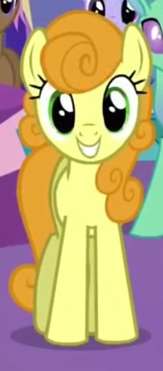 Size: 236x536 | Tagged: safe, derpibooru import, screencap, carrot top, golden harvest, earth pony, pony, celestial advice, background pony, cropped, female, front view, mare, smiling, solo focus