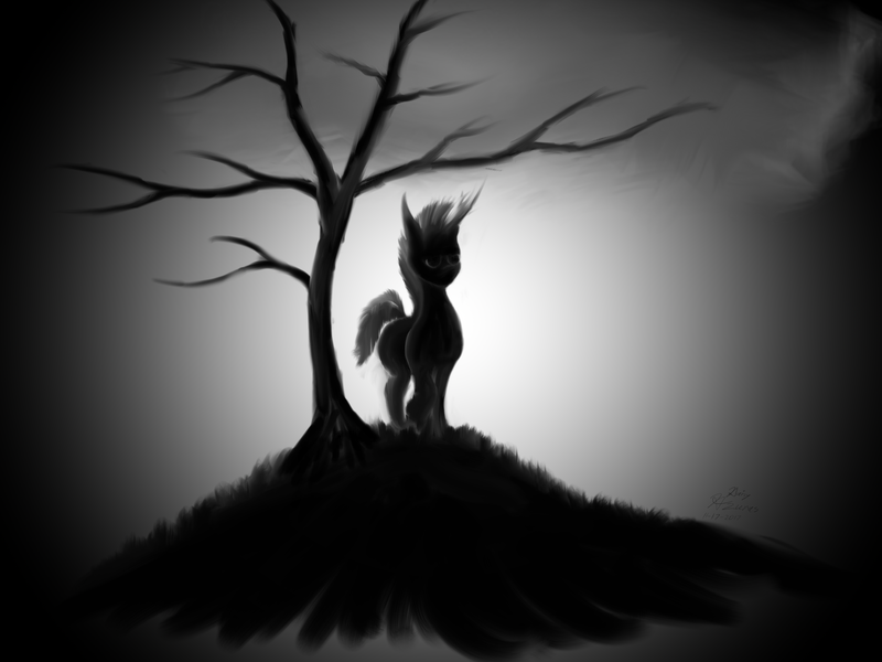 Size: 2732x2048 | Tagged: safe, artist:daisyazuras, derpibooru import, tempest shadow, pony, unicorn, backlighting, broken horn, dark, grayscale, monochrome, silhouette, solo, tree