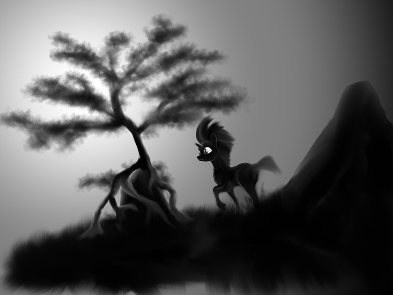 Size: 3000x2249 | Tagged: safe, artist:daisyazuras, derpibooru import, tempest shadow, pony, unicorn, backlighting, broken horn, dark, grayscale, monochrome, silhouette, solo, tree