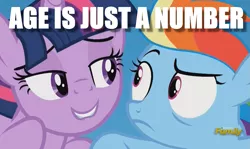 Size: 1037x617 | Tagged: safe, derpibooru import, rainbow dash, twilight sparkle, twilight sparkle (alicorn), alicorn, pegasus, pony, discovery family logo, image macro, lidded eyes, meme, stranger danger, this will end in jail time, twilest dashle, twilight is a foal fiddler