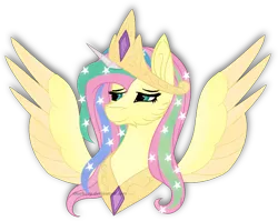 Size: 780x622 | Tagged: safe, artist:sharkeep, derpibooru import, fluttershy, alicorn, pony, big crown thingy, bust, cosplay, costume, ethereal mane, jewelry, princess fluttershy, regalia, shylestia, simple background, spread wings, starry mane, transparent background, wings