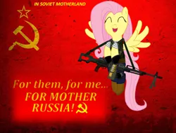 Size: 1002x760 | Tagged: safe, artist:jackbenv, artist:schrodinger-excidium, derpibooru import, fluttershy, pegasus, pony, camouflage, communism, eyes closed, female, flying, gun, hammer and sickle, machine gun, mare, pkm, politics, soviet russia, weapon