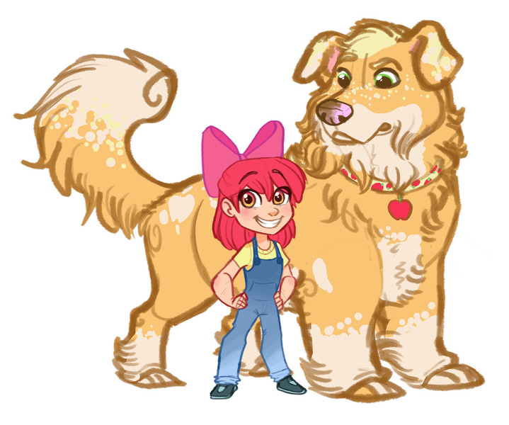 Size: 1280x1068 | Tagged: animal, apple bloom, appledog, applejack, artist:earthsong9405, bow, collar, derpibooru import, dog, dog collar, dogified, duo, female, fluffy au, hair bow, hand on hip, human, humanized, looking at you, overalls, pet, safe, simple background, species swap, white background