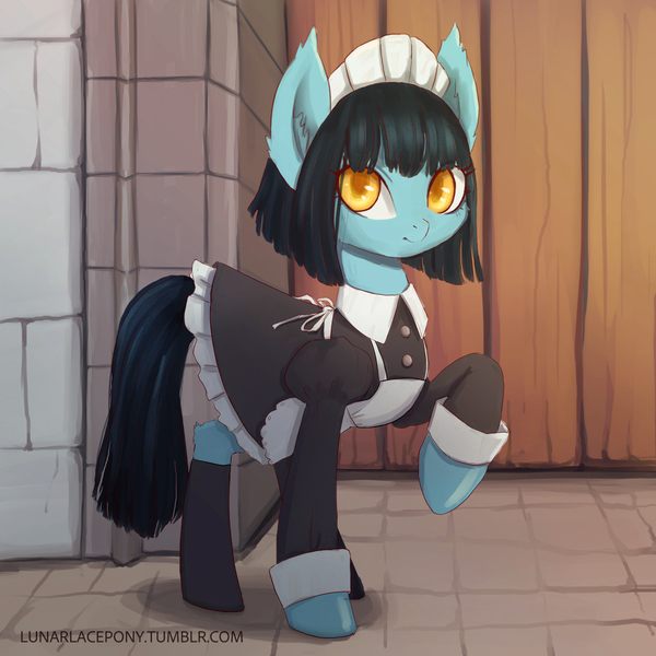 Size: 1200x1200 | Tagged: safe, artist:lunarlacepony, derpibooru import, oc, oc:lunar lace, unofficial characters only, earth pony, pony, castle, clothes, cuffs (clothes), cute, dress, female, full color, interactive, kind, looking at you, maid, mare, raised hoof, smiling, solo, stockings, story, thigh highs