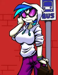 Size: 1700x2200 | Tagged: artist:trollie trollenberg, breasts, bus stop, busty vinyl scratch, clothes, colored, color edit, colorist:ironhades, derpibooru import, edit, female, hoodie, human, humanized, safe, solo, vinyl scratch