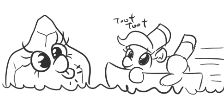 Size: 727x327 | Tagged: safe, artist:jargon scott, derpibooru import, ponified, boatpony, object pony, original species, pony, :p, black and white, cute, duo, grayscale, iceberg, iceberg pony, lineart, monochrome, onomatopoeia, pfft, ship, silly, simple background, smiling, this will end in tears and/or death, titanic, tongue out, toot, white background