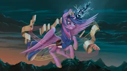 Size: 3840x2160 | Tagged: safe, artist:nalesia, derpibooru import, twilight sparkle, twilight sparkle (alicorn), alicorn, pony, fanfic, fanfic:myths and birthrights, commission, electricity, fanfic art, female, flying, magic, magic circle, mare, mountain, mountain range, runes, scroll, solo