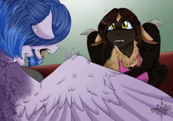 Size: 2480x1748 | Tagged: safe, artist:theecchiqueen, deleted from derpibooru, derpibooru import, oc, oc:casey bleu, oc:rasta jam, unofficial characters only, anthro, bat pony, pegasus, anthro oc, bat pony oc, bleujam, crying, female, husband and wife, male, mare, married couple, oc x oc, shipping, song birds, stallion, story in the source, yelling