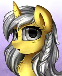 Size: 1446x1764 | Tagged: safe, artist:pridark, derpibooru import, oc, oc:silver light, pony, unicorn, bust, chest fluff, commission, female, glasses, mare, open mouth, portrait, solo