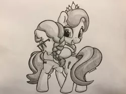 Size: 1280x960 | Tagged: safe, artist:bobdude0, derpibooru import, diamond tiara, silver spoon, earth pony, pony, commission, duo, everfree northwest, female, filly, glasses, grayscale, hug, jewelry, monochrome, tiara, traditional art