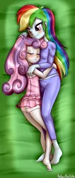 Size: 1305x3088 | Tagged: suggestive, artist:anibaruthecat, derpibooru import, rainbow dash, sweetie belle, equestria girls, barefoot, bed, blushing, clothes, cuddling, eyes closed, feet, female, frilly underwear, lesbian, midriff, pajamas, panties, see-through, shipping, sleeping, smiling, sweetiedash, underwear, white underwear