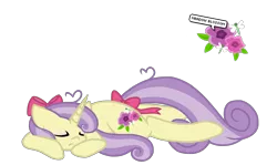 Size: 2005x1195 | Tagged: safe, artist:chococakebabe, derpibooru import, oc, oc:meadow blossom, pony, unicorn, bow, female, hair bow, mare, prone, simple background, sleeping, solo, tail bow, transparent background