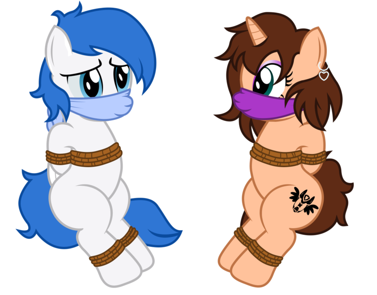 Size: 1314x1029 | Tagged: questionable, artist:darkstorm619, derpibooru import, oc, oc:chloe adore, oc:jass, unofficial characters only, pegasus, pony, unicorn, bondage, cloth gag, duo, ear piercing, earring, female, gag, jewelry, male, piercing, rope, rope bondage, show accurate, show accurate porn, simple background, sitting, transparent background, worried