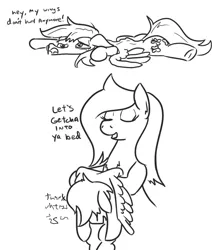 Size: 675x774 | Tagged: safe, artist:jargon scott, derpibooru import, big macintosh, fluttershy, earth pony, pegasus, pony, black and white, butterreina, butterscotch, carrying, comic, dialogue, eyes closed, female, fluttermac, grayscale, holding a pony, injured, macareina, male, monochrome, prone, rule 63, shipping, simple background, stallion, straight, white background