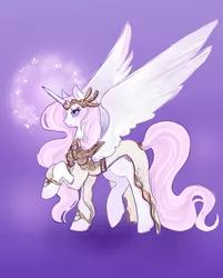 Size: 805x1000 | Tagged: safe, artist:saint-juniper, derpibooru import, oc, oc:athena, alicorn, pony, fanfic, fanfic:myths and birthrights, alicorn oc, alicornified, athena, beautiful, clothes, dress, fanfic art, female, fleur-de-corne, jewelry, mare, purple background, race swap, raised hoof, simple background, solo, spread wings, transformation, wings
