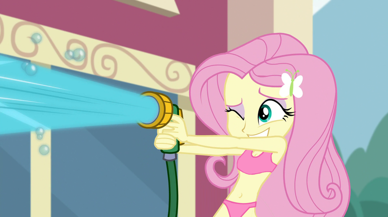 Size: 1280x717 | Tagged: suggestive, derpibooru import, edit, edited screencap, editor:grapefruitface, screencap, fluttershy, dance magic, equestria girls, spoiler:eqg specials, belly button, bra, breasts, cleavage, clothes, crop top bra, female, hose, one eye closed, panties, pink underwear, smiling, solo, solo female, underwear, underwear edit, water