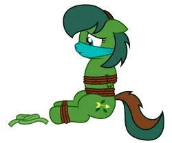 Size: 1008x841 | Tagged: safe, artist:darkstorm619, derpibooru import, oc, oc:windy barebow evergreen, unofficial characters only, pegasus, pony, bondage, bound and gagged, cloth gag, damsel in distress, female, floppy ears, gag, hoof wraps, hooves behind back, otn gag, rope, rope bondage, simple background, solo, tied up, transparent background, worried