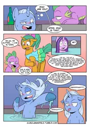 Size: 2894x4093 | Tagged: safe, artist:raph13th, derpibooru import, snails, spike, starlight glimmer, trixie, dragon, pony, unicorn, ask glitter shell, comic:glim glam and pals, blushing, comic, dialogue, drunk, glitter shell, hard cider, speech bubble, swimming pool, the great and alcoholics trixie, tongue out, wet, wet mane