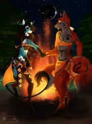 Size: 1191x1610 | Tagged: anthro, anthro oc, artist:blackblood-queen, body markings, campfire, clothes, commission, dancing, derpibooru import, dracony, female, fox, furry, hybrid, looking at each other, mare, night, non-mlp oc, oc, oc:annie belle, smiling, suggestive, tribal, unguligrade anthro, unofficial characters only, ych result
