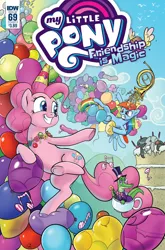 Size: 1054x1600 | Tagged: safe, artist:pencils, derpibooru import, idw, gummy, octavia melody, pinkie pie, rainbow dash, alligator, earth pony, pegasus, pony, spoiler:comic, spoiler:comic69, angry, balloon, balloon popping, cake, candy, cane, clothes, cover, cup, female, flying, food, french horn, hat, male, mare, monocle, music notes, musical instrument, official comic, party hat, popping, suit, teacup, top hat