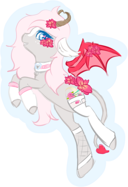 Size: 1335x1942 | Tagged: safe, artist:pastel-pony-princess, derpibooru import, oc, oc:minxy bearheart, unofficial characters only, succubus, choker, clothes, fishnet clothing, flower, flower in hair, heart eyes, horns, membranous wings, simple background, socks, solo, spaded tail, succupony, transparent background, wingding eyes