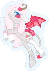 Size: 1335x1942 | Tagged: safe, artist:pastel-pony-princess, derpibooru import, oc, oc:minxy bearheart, unofficial characters only, succubus, choker, clothes, fishnet clothing, flower, flower in hair, heart eyes, horns, membranous wings, simple background, socks, solo, spaded tail, succupony, transparent background, wingding eyes