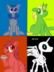 Size: 1536x2048 | Tagged: safe, artist:sixes&sevens, derpibooru import, oc, oc:dr. elf shot, oc:pound wise, oc:prince omega, oc:red velvet, alicorn, earth pony, pegasus, pony, unicorn, alicorn oc, bone, bowtie, famine, food, four horses of the apocalypse, horseman of death, pestilence, pie, skeleton, war