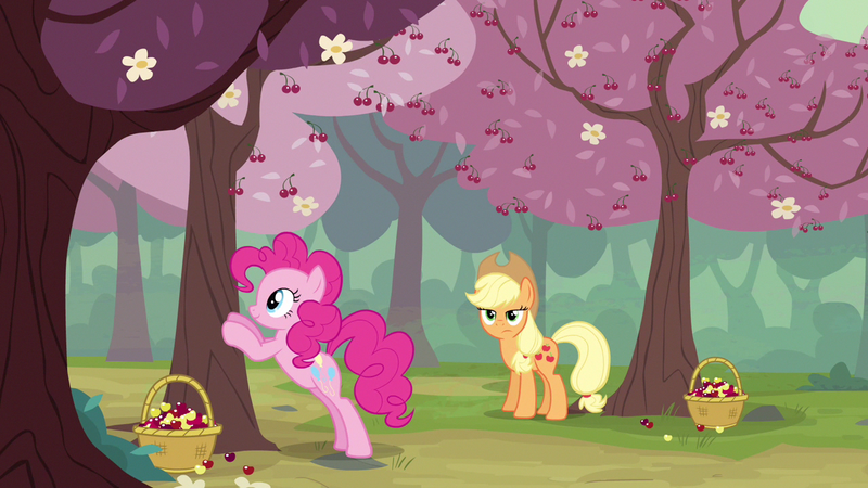 Size: 1280x720 | Tagged: safe, derpibooru import, screencap, applejack, pinkie pie, earth pony, pony, the last roundup, basket, cherry, cherry orchard, cherry tree, duo, female, food, helping, mare, orchard, smiling, suspicious, tree, yellow cherry