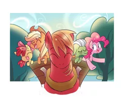 Size: 3896x3121 | Tagged: safe, artist:drawbauchery, derpibooru import, apple bloom, applejack, big macintosh, granny smith, pinkie pie, earth pony, pony, pinkie apple pie, apples to the core, cowboy hat, eyes closed, female, filly, hat, male, mare, scene interpretation, smiling, stallion, stetson, tree