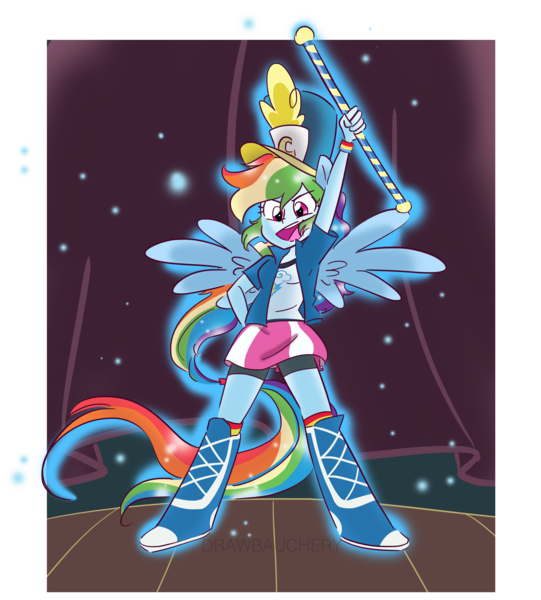 Size: 5062x5612 | Tagged: safe, artist:drawbauchery, derpibooru import, rainbow dash, equestria girls, friendship games, absurd resolution, baton, boots, chs rally song, clothes, compression shorts, cute, hat, ponied up, shirt, shoes, shorts, skirt, smiling, socks, solo, wings