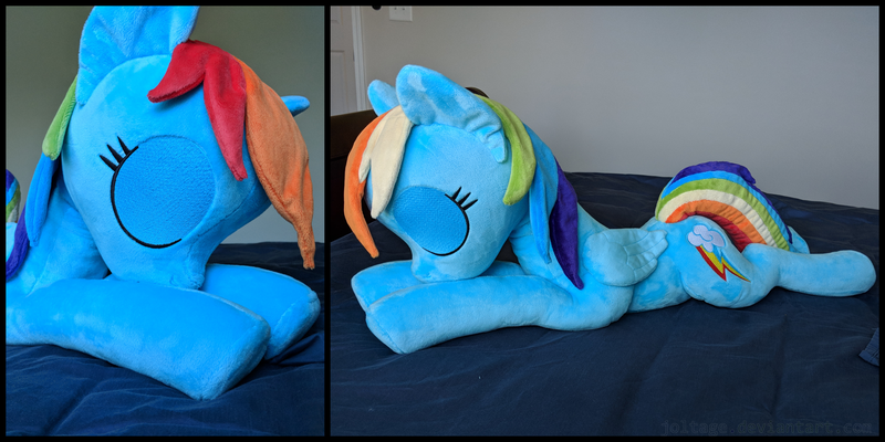 Size: 3000x1500 | Tagged: safe, artist:joltage, derpibooru import, rainbow dash, pegasus, pony, cute, dashabetes, eyes closed, giant plushie, irl, photo, plushie, sleeping, solo