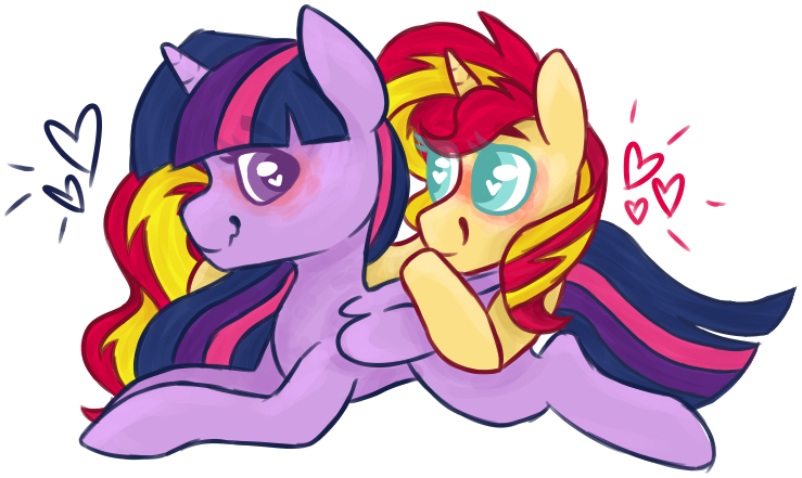 Size: 739x441 | Tagged: safe, artist:ivybrush, derpibooru import, sunset shimmer, twilight sparkle, twilight sparkle (alicorn), alicorn, pony, unicorn, butt pillow, cuddling, female, heart, lesbian, shipping, simple background, sunsetsparkle, transparent background, wingding eyes