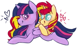 Size: 739x441 | Tagged: safe, artist:ivybrush, derpibooru import, sunset shimmer, twilight sparkle, twilight sparkle (alicorn), alicorn, pony, unicorn, butt pillow, cuddling, female, heart, lesbian, shipping, simple background, sunsetsparkle, transparent background, wingding eyes