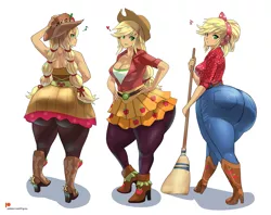 Size: 1449x1145 | Tagged: suggestive, artist:chigusa, derpibooru import, applejack, equestria girls, equestria girls series, five to nine, friendship games, friendship through the ages, applebucking thighs, applebutt, applejack's hat, ass, boots, bottom heavy, breasts, broom, busty applejack, cleavage, clothes, cowboy hat, female, freckles, hand on hip, hat, high heel boots, huge butt, i can't believe it's not sundown, impossibly large butt, large butt, looking at you, pants, shirt, shoes, simple background, skirt, stetson, the ass was fat, thick, wide hips