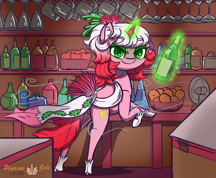 Size: 1956x1609 | Tagged: safe, artist:floofyfoxcomics, derpibooru import, oc, oc:sparkling mimosa, unofficial characters only, pony, unicorn, female, freckles, magic, mare, solo, telekinesis, wine bottle