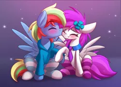 Size: 1500x1072 | Tagged: safe, artist:sharemyshipment, derpibooru import, oc, oc:dashing thunder, oc:lavanda, unofficial characters only, pegasus, pony, blushing, clothes, commission, cute, female, flower, hoof hold, kissing, male, necktie, simple background, socks, stockings, straight, striped socks, sweater, thigh highs