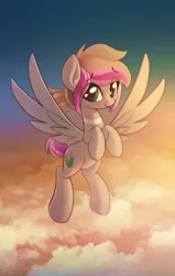 Size: 956x1500 | Tagged: safe, artist:sharemyshipment, derpibooru import, oc, oc:sakura mochi, unofficial characters only, pegasus, pony, cloud, flying, solo
