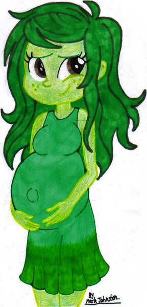 Size: 573x1194 | Tagged: safe, artist:krytenmarkgen-0, derpibooru import, wallflower blush, equestria girls, belly, big belly, cute, female, flowerbetes, happy, pregnant, pregnant equestria girls, signature, smiling, solo