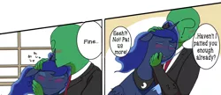 Size: 1400x603 | Tagged: safe, artist:crabs_of_steam, derpibooru import, princess luna, oc, oc:anon, ponified, alicorn, human, pony, /mlp/, 4chan, blushing, comic, cute, description is relevant, dialogue, drawthread, duo, female, head pat, human male, lunabetes, male, mare, pat, petting, request, right to left, speech bubble, sweat