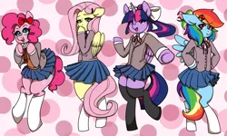 Size: 1851x1114 | Tagged: safe, artist:/d/non, derpibooru import, fluttershy, pinkie pie, rainbow dash, twilight sparkle, alicorn, pegasus, pony, semi-anthro, abstract background, bow, clothes, cute, cutie mark, doki doki literature club, female, hair bow, looking at you, moe, open mouth, pigtails, pinkie sayori, pleated skirt, ponytail, rainbow natsuki, school uniform, schoolgirl, skirt, skirt lift, smiling, socks, standing, thigh highs, twilight monika, yurishy, zettai ryouiki