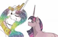 Size: 1280x810 | Tagged: safe, artist:nightmare-moons-throneroom, derpibooru import, princess celestia, twilight sparkle, alicorn, pony, unicorn, constellation, duo, ear fluff, ear piercing, earring, ethereal mane, eyes closed, female, jewelry, long horn, mare, necklace, piercing, regalia, simple background, smiling, starry mane, white background