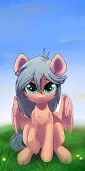 Size: 2561x5121 | Tagged: safe, artist:taneysha, derpibooru import, oc, oc:gearsy septima, unofficial characters only, pegasus, pony, chest fluff, cute, female, looking at you, mare, raised hoof, simple background, smiling, solo, spread wings, wings