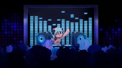 Size: 6868x3863 | Tagged: safe, artist:taneysha, derpibooru import, lyra heartstrings, sea swirl, seafoam, oc, oc:gearsy septima, earth pony, pony, unicorn, absurd resolution, crowd, eyes closed, female, headphones, mare, music, nightclub, one eye closed, open mouth, raised hoof, silhouette, smiling, turntable, wink